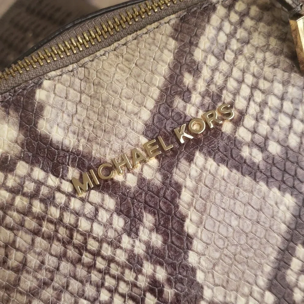 Michael Kors Black Tan Beige Python Embossed Leather Handbag Shoulder Bag Purs